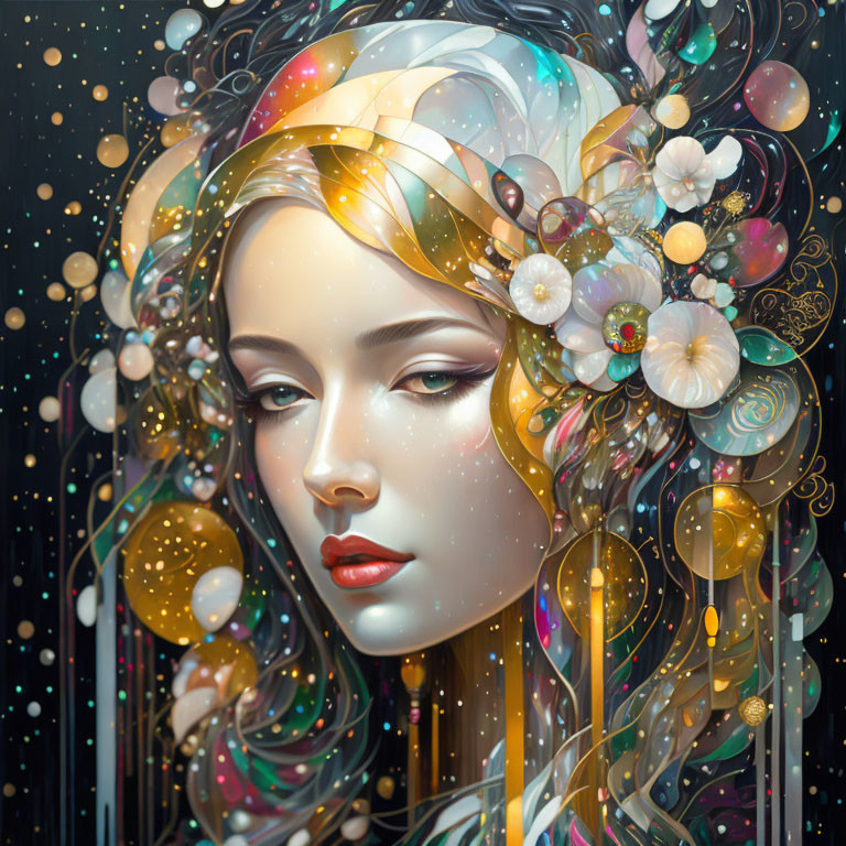 Colorful Hair Portrait with Flowers, Beads, and Orbs on Starry Background