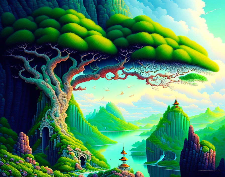 Fantastical landscape with oversized surreal tree, mountains, river, and pagoda