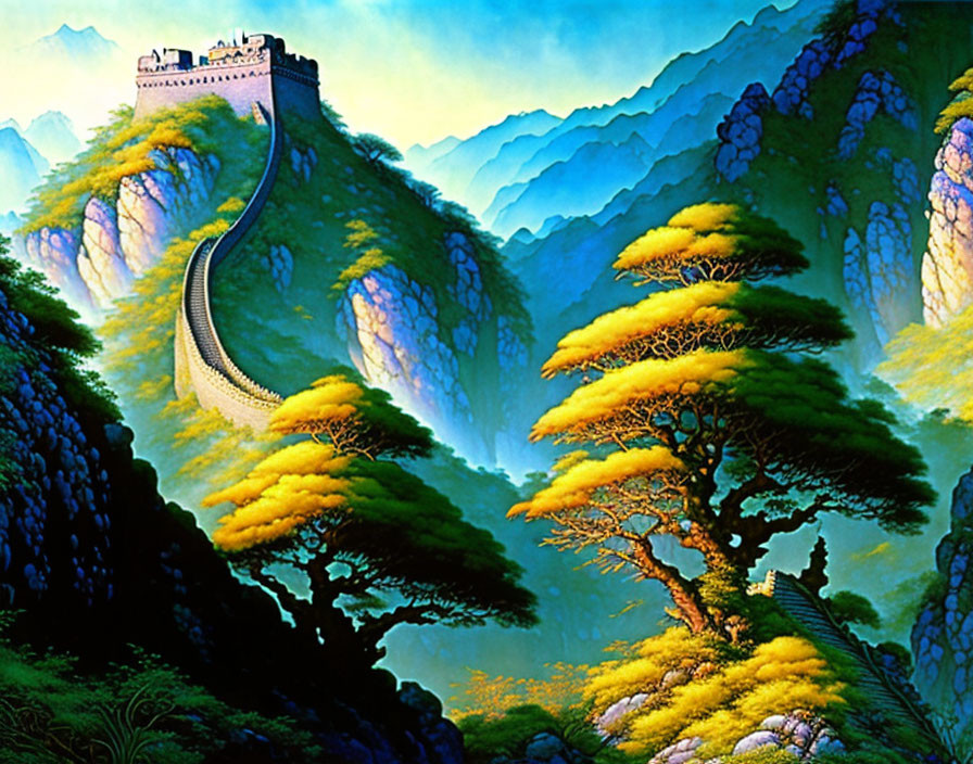 Scenic painting of Great Wall of China amid green mountains