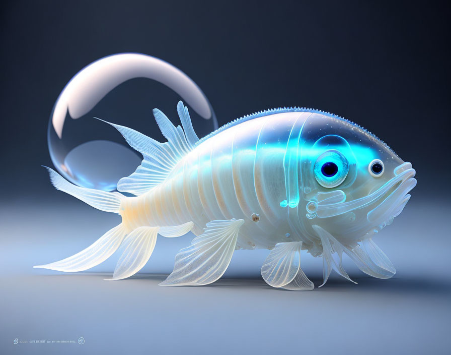 Translucent glowing fish digital illustration on gray background