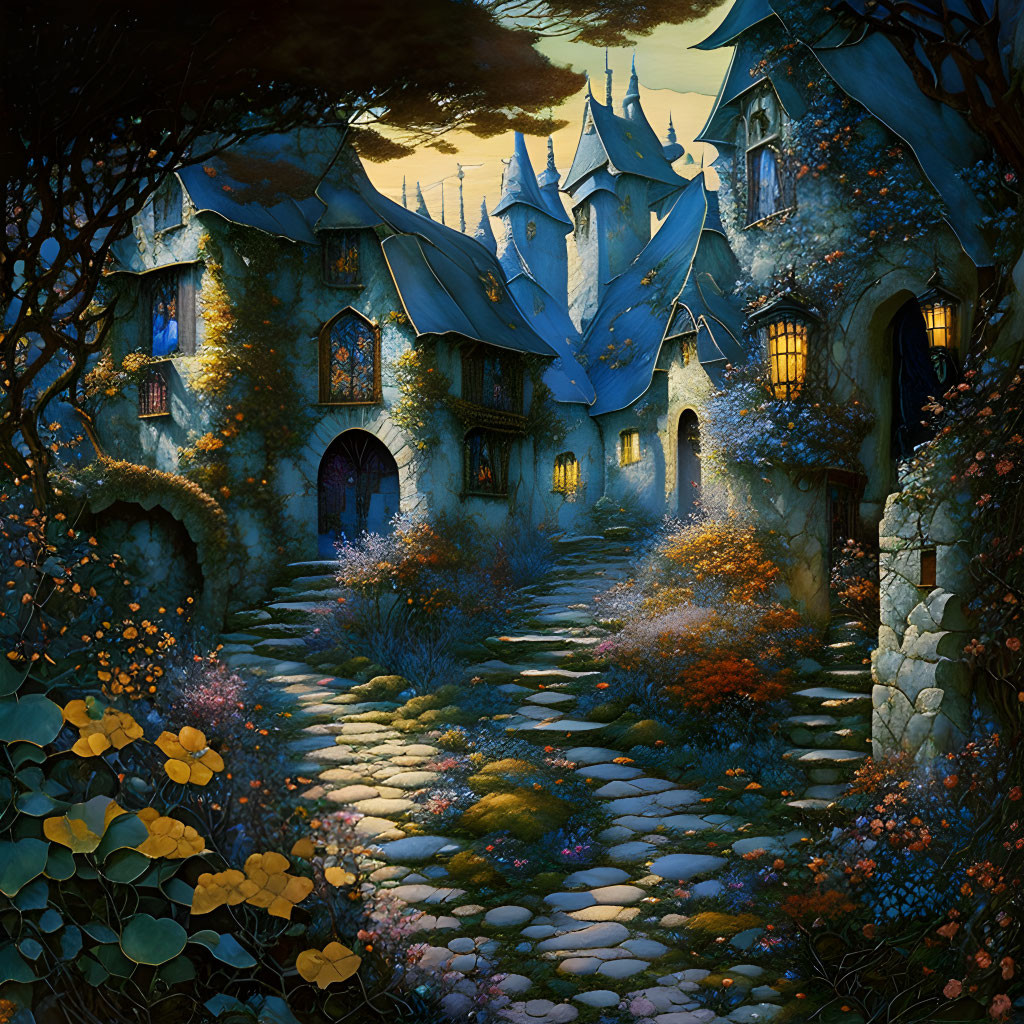 Enchanting fairy-tale village at twilight with cobblestone path and whimsical cottages