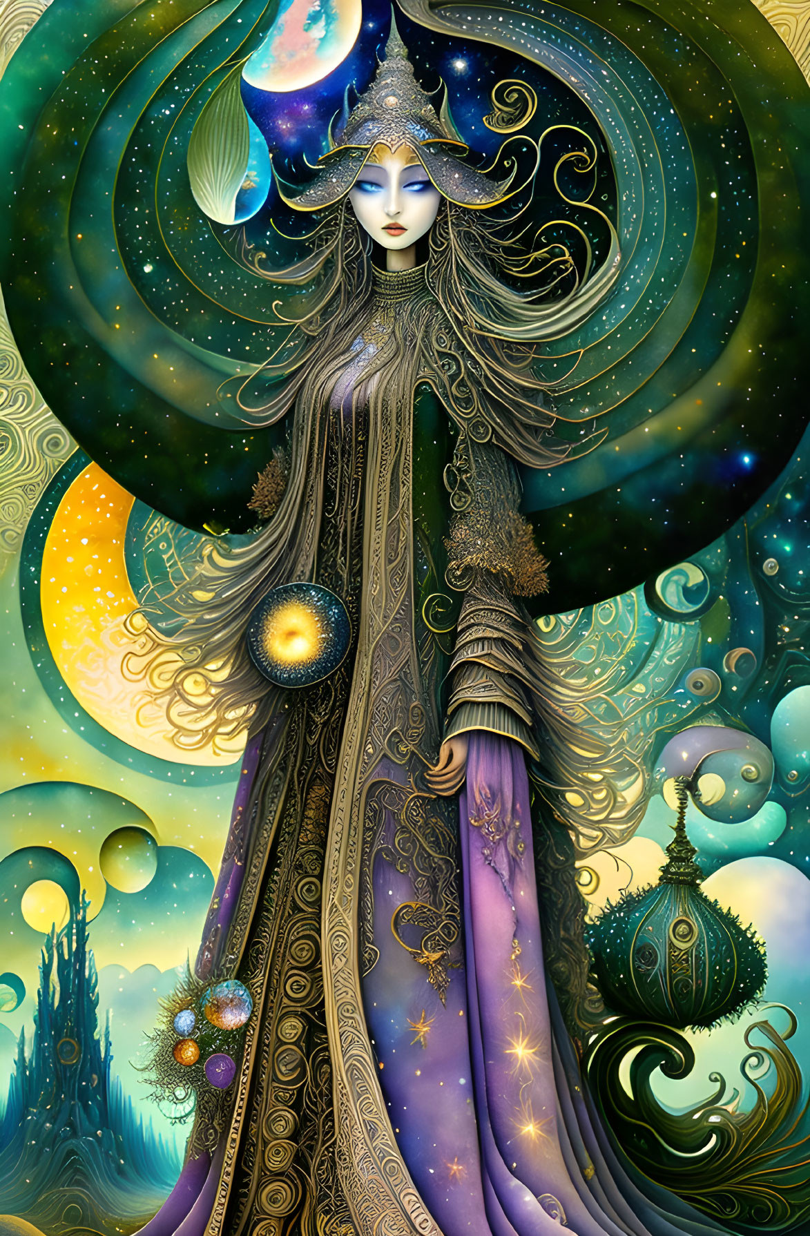 Celestial gown on ethereal figure in cosmic setting