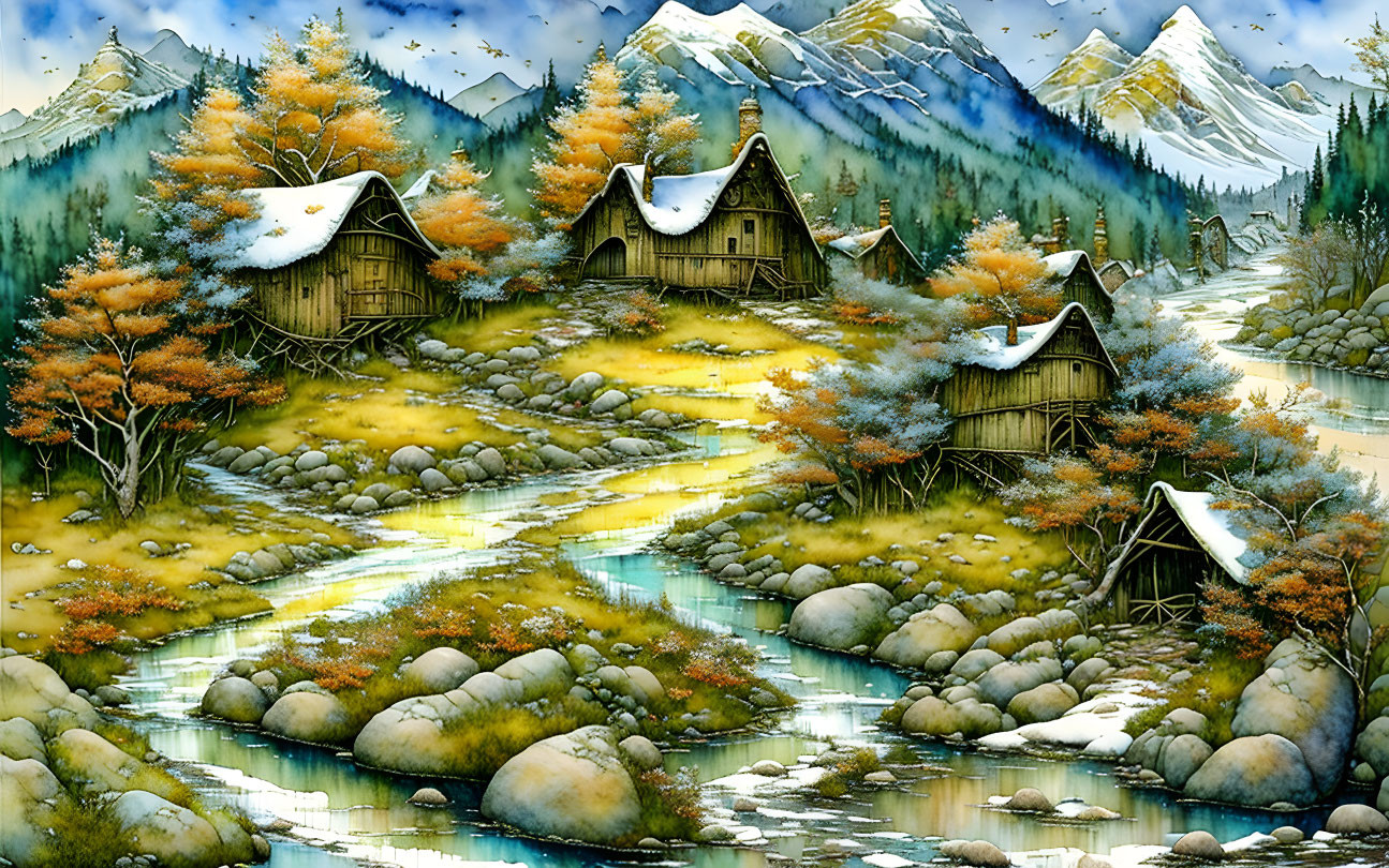 Rural village painting with thatched-roof houses, stream, autumn trees, and snowy mountains