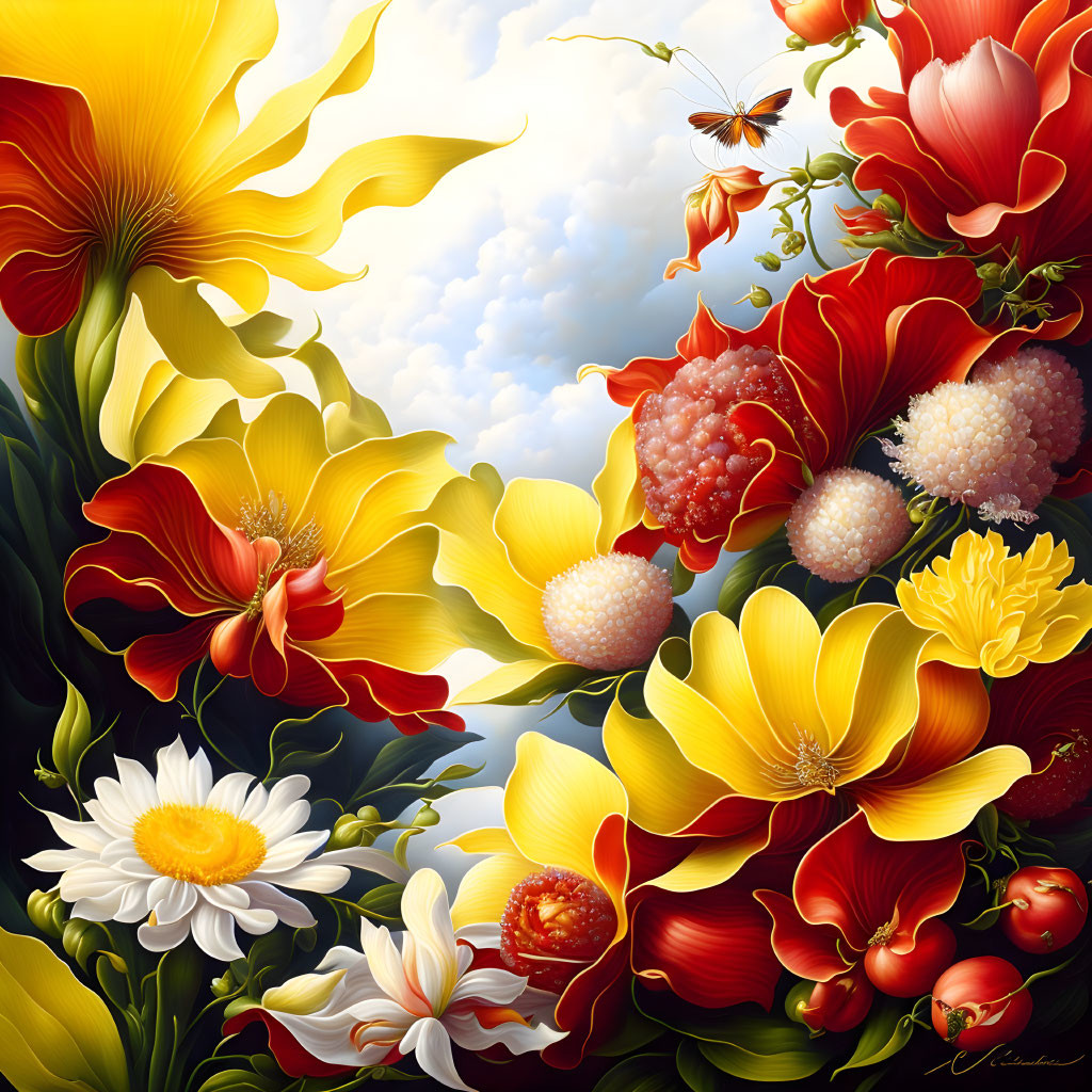 Colorful Flowers and Butterfly in Vibrant Artwork