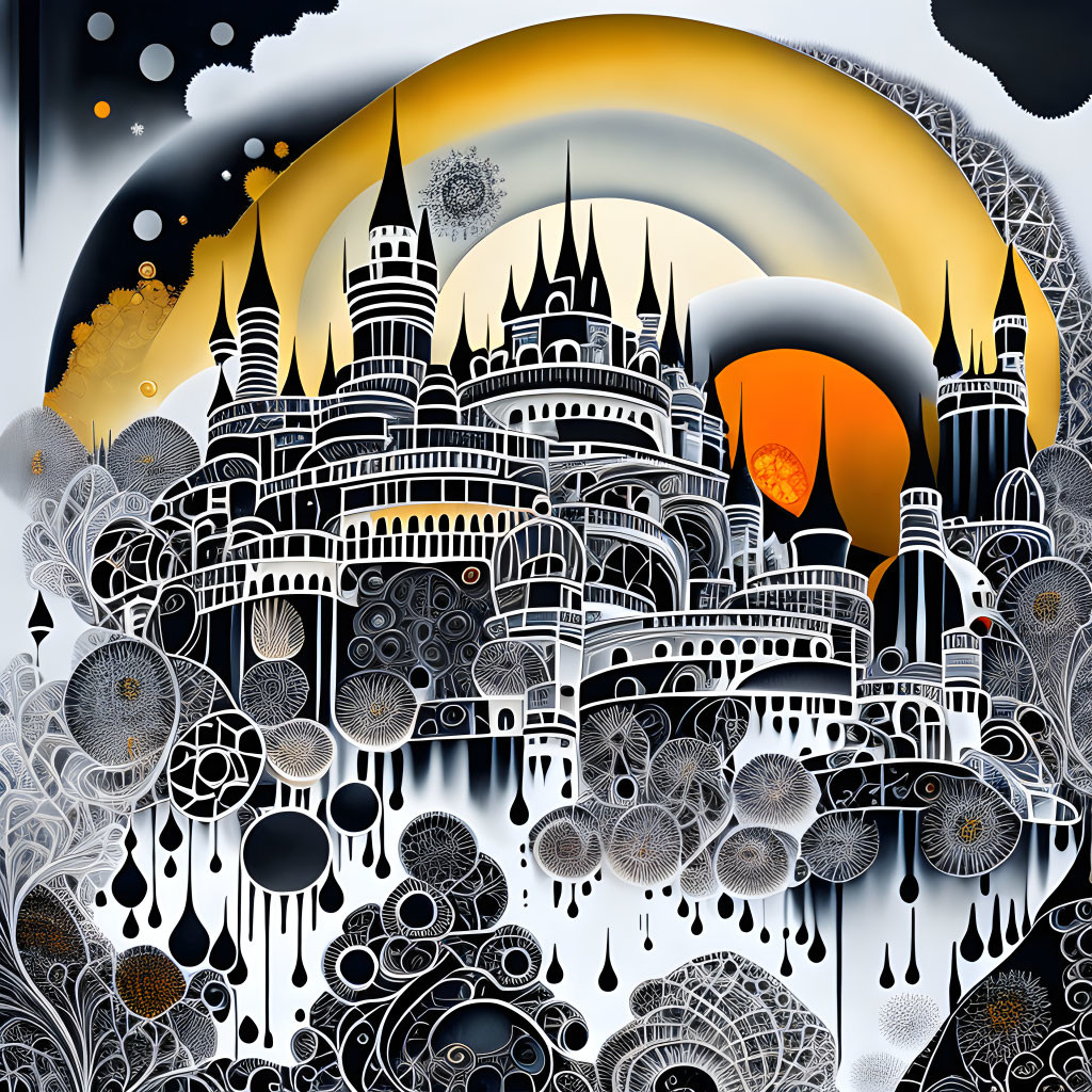 Monochrome surreal artwork of fantasy castle with spire-topped towers under crescent moon and orange sun