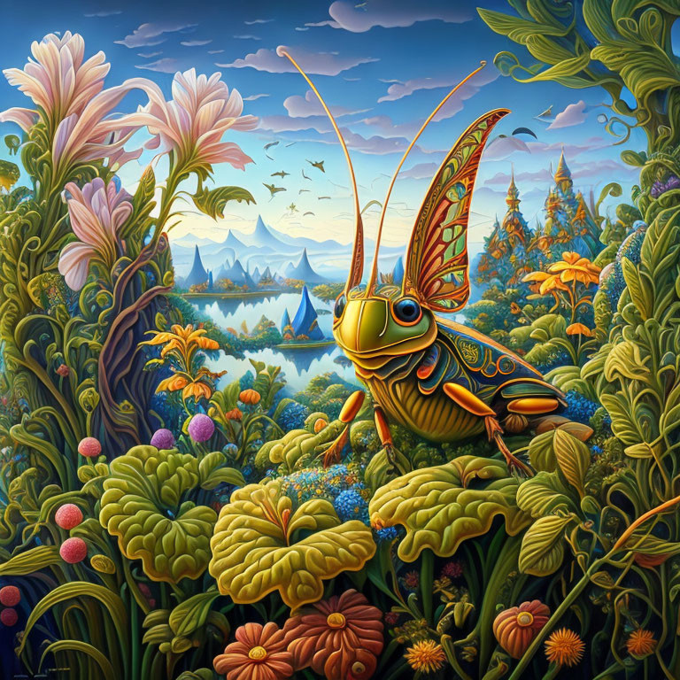 Colorful Grasshopper Painting with Whimsical Flora & Castles