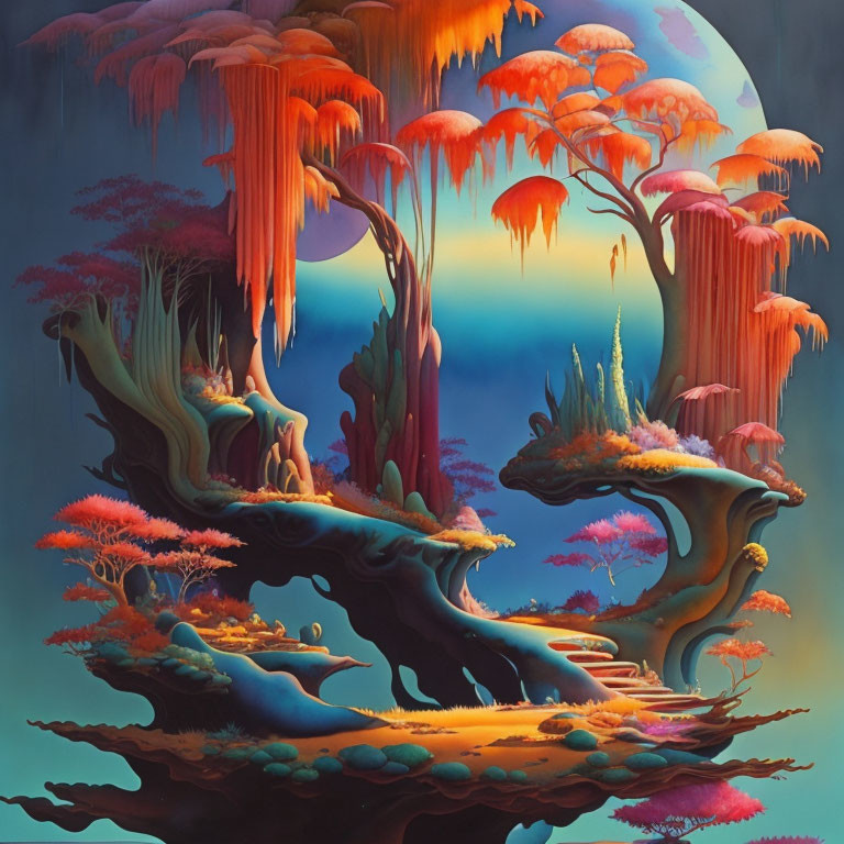 Vibrant surreal landscape with twisting trees and mystical ambiance