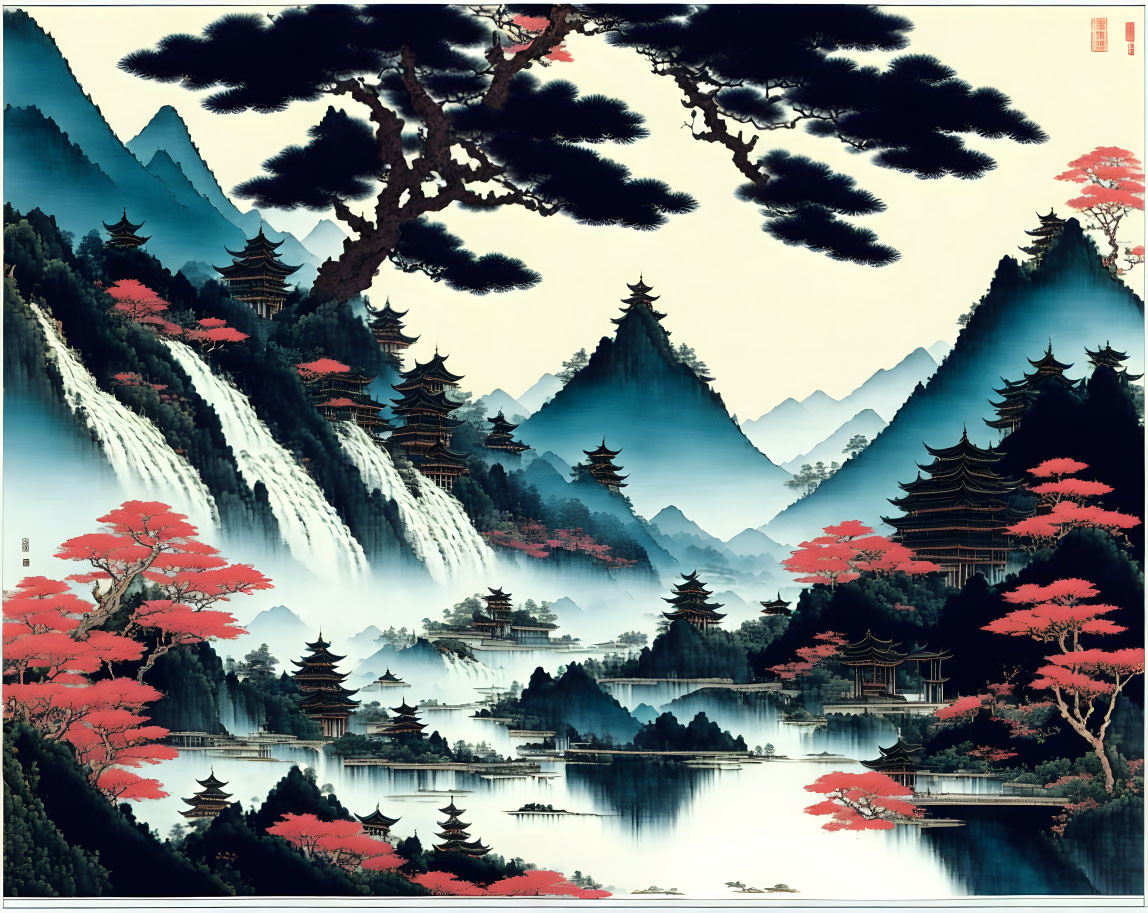 East Asian Landscape Painting: Pagodas, Waterfalls, Pine Trees, Mountains