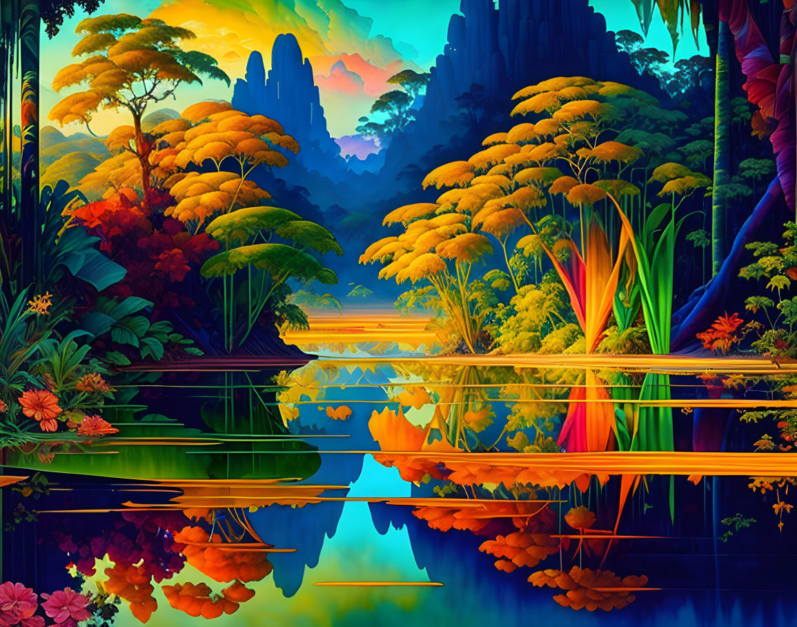 Fantasy jungle scene with colorful foliage, river, and cliffs at dusk