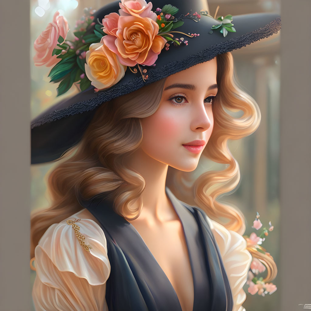 Woman with wavy hair in black hat with roses, gazing sideways