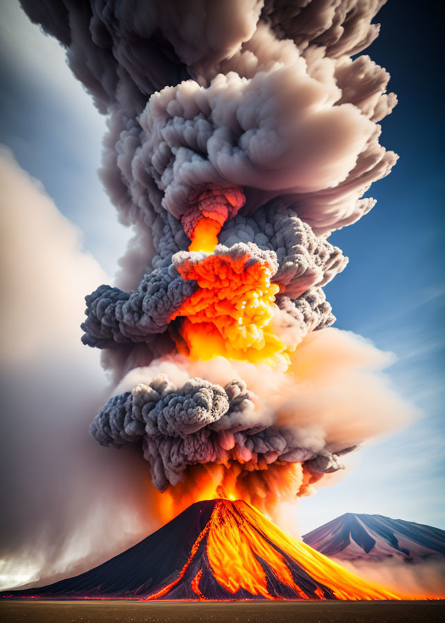 Volcano erupting with orange flames and dark gray smoke against dramatic sky