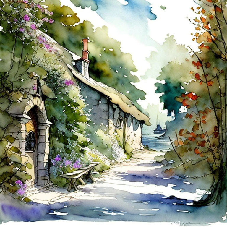 Scenic watercolor painting of village street, sea, boats, trees, stone cottage.