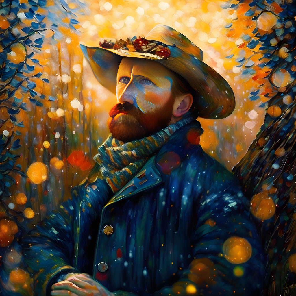 Man in Hat and Blue Coat: Van Gogh-inspired Portrait with Autumnal Colors