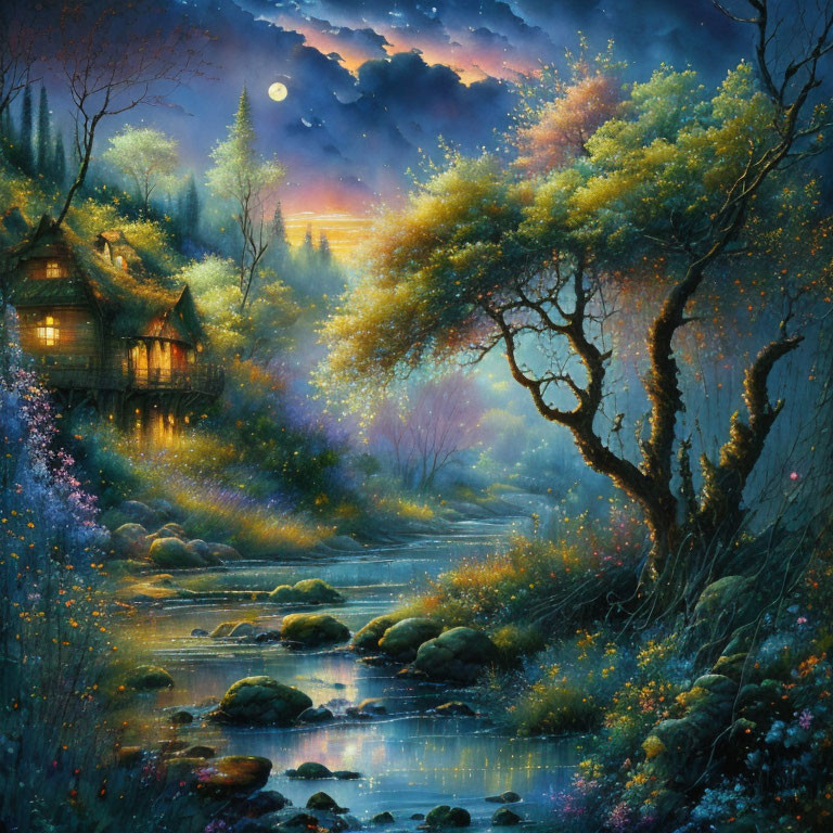 Fantastical night landscape with glowing moon, luminous cottage, vibrant plants, and starry skies