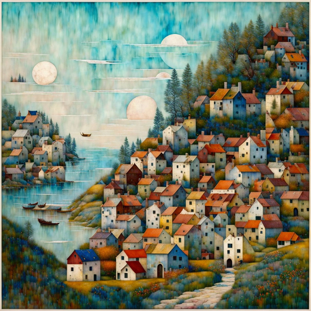 Surreal coastal village painting with multiple moons and vibrant sky