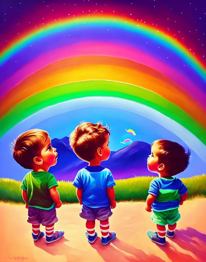 Children admiring double rainbow and birds in colorful landscape