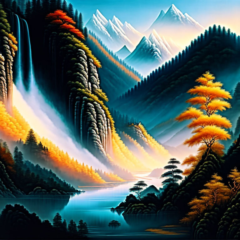 Tranquil landscape painting with mountains, waterfalls, river, and autumn foliage