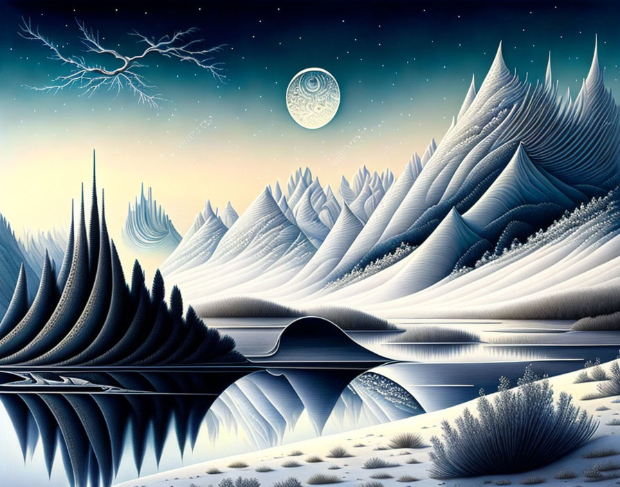 Surreal landscape with stylized mountains, calm lake, detailed moon, and lightning