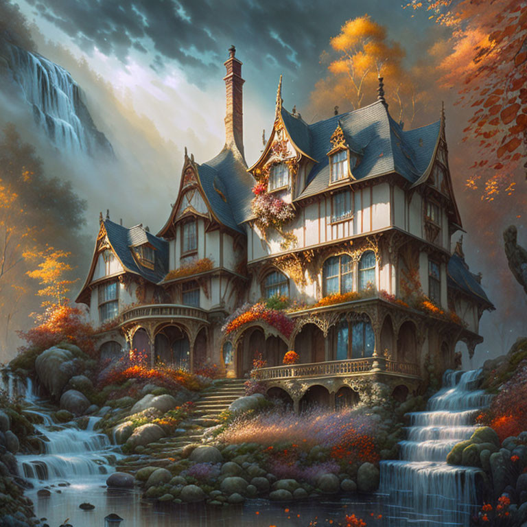 Victorian house in autumnal fantasy landscape with waterfalls and glowing trees