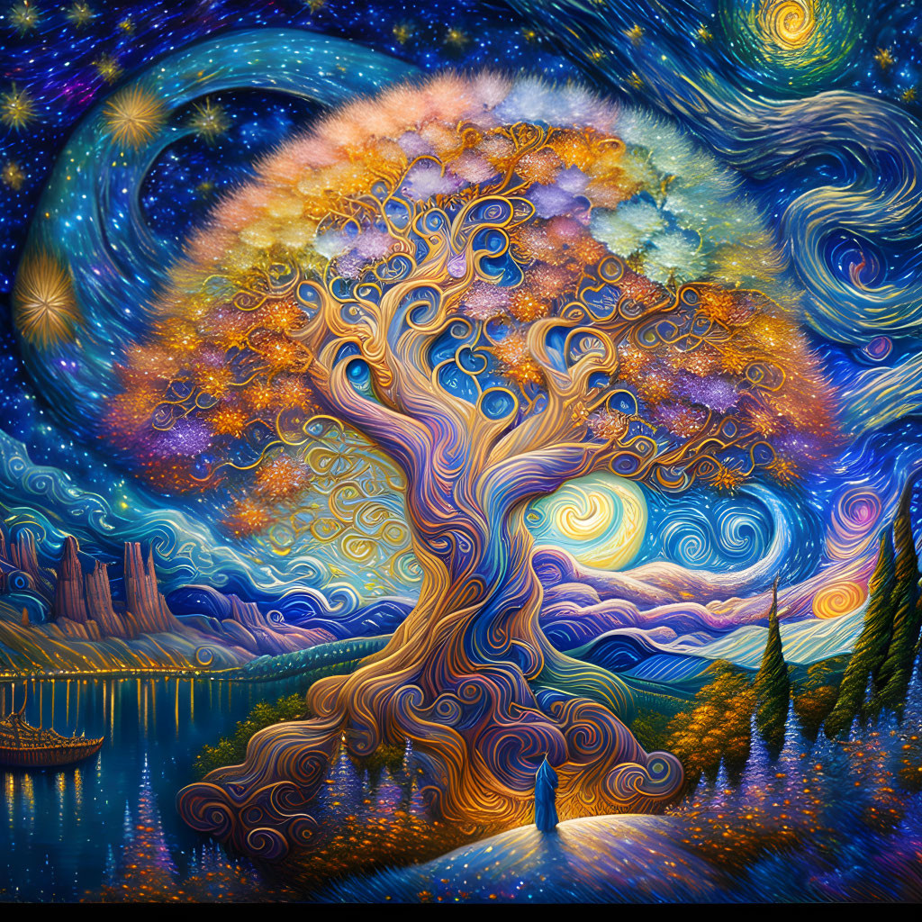 Whimsical tree painting with golden trunk and starry leaves on swirling night sky