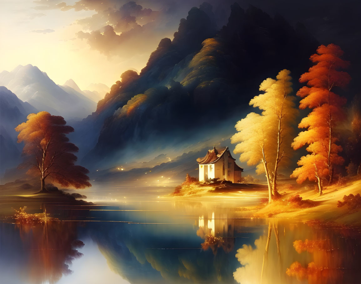 Tranquil autumn landscape with house by reflective lake