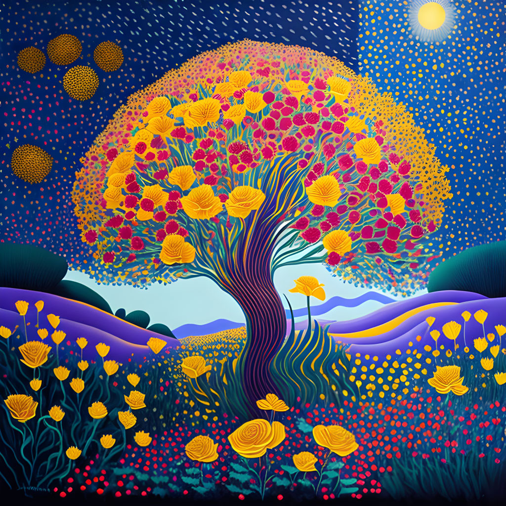 Colorful painting of stylized tree with yellow and red flowers under a starry night sky