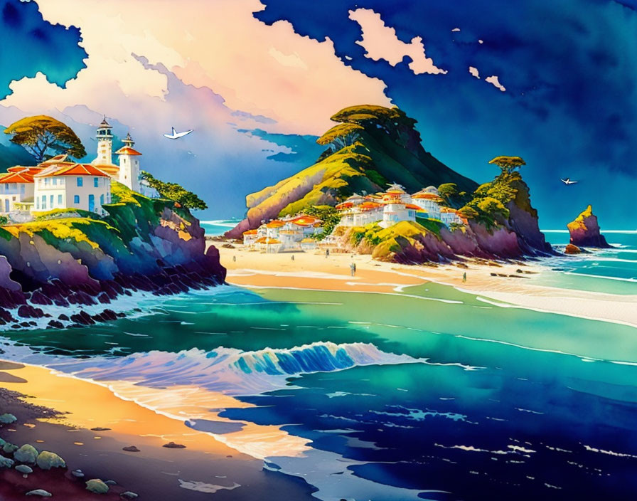 Colorful Coastal Scene with Lighthouse, Cliffs, Beachgoers, and Blue Skies