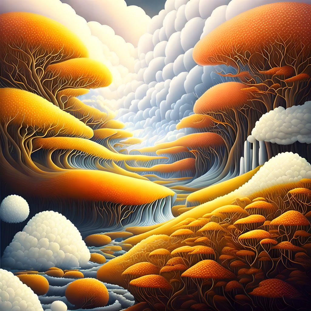 Vibrant surreal landscape with orange-yellow trees, white clouds, blue river, and hazy sky