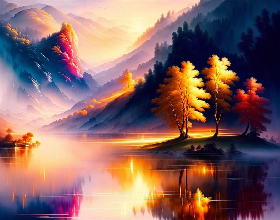 Vibrant autumn trees on small isle in serene lake with misty mountains at sunset