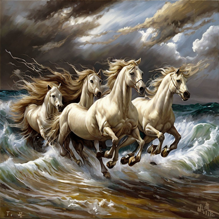 Majestic white horses galloping in stormy ocean scene