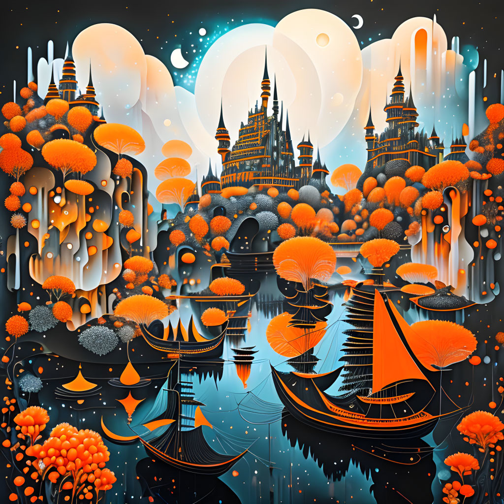 Fantastical orange and black landscape with castle, moons, sailboats, and otherworldly flora