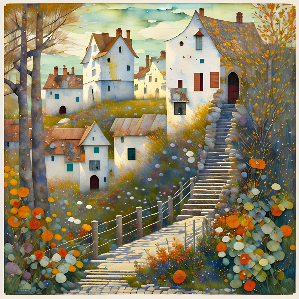 Colorful painting of whimsical village with lush flora and hilltop house