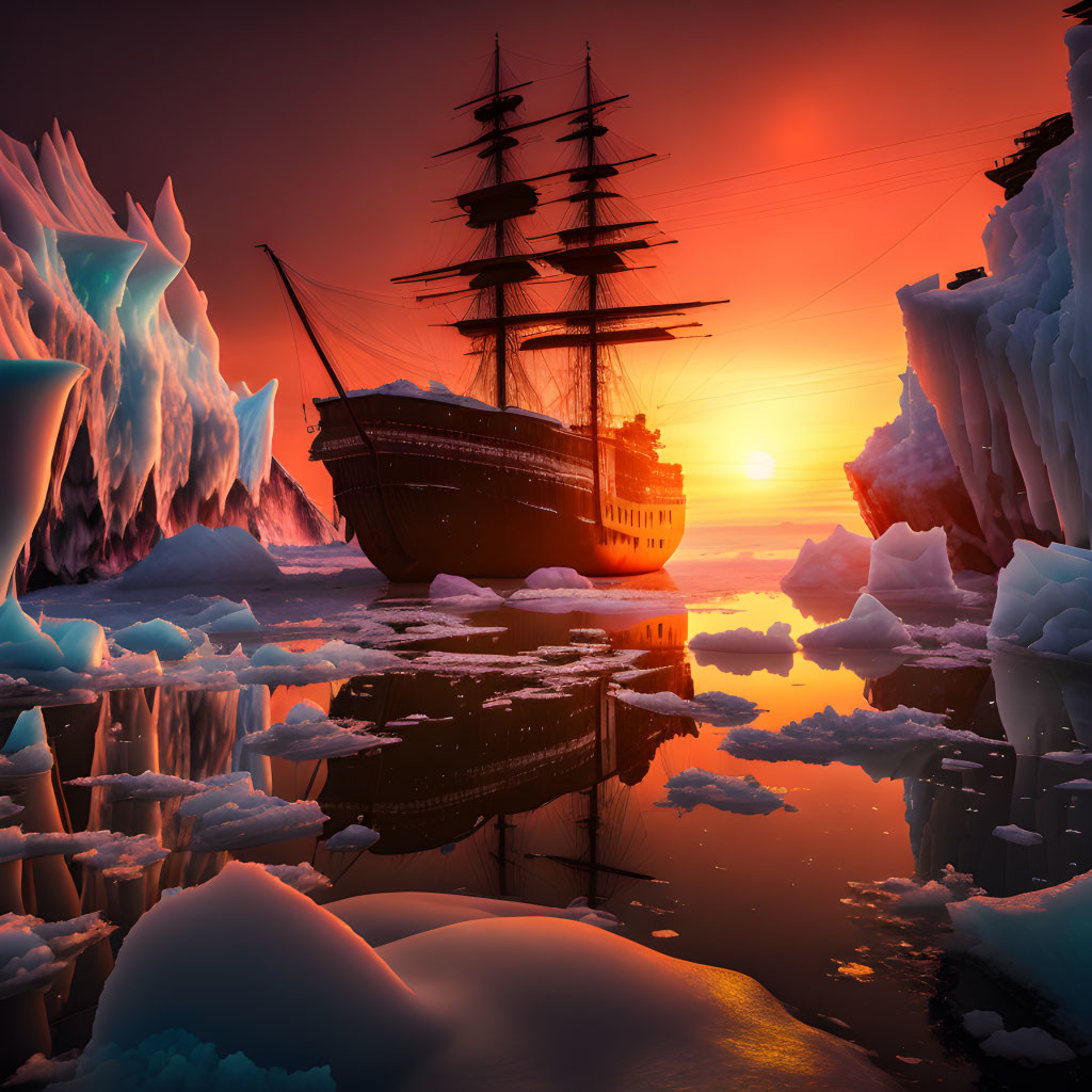 Tall ship sailing in icy waters at sunset