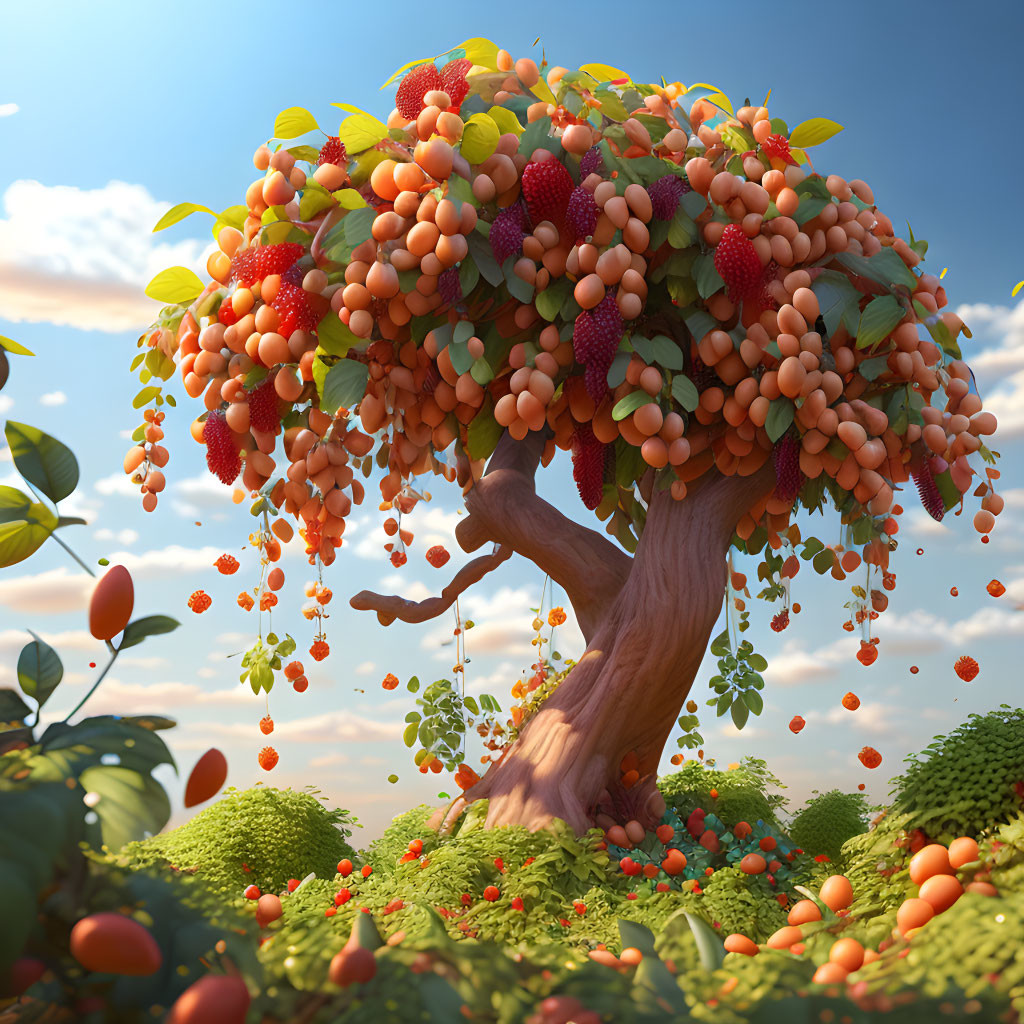 Colorful Fruits Tree Against Clear Sky and Lush Undergrowth