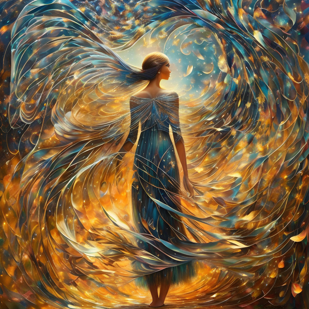 Woman in Flowing Blue Dress Surrounded by Fiery Phoenix Patterns