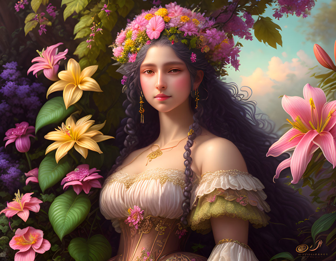 Digital Artwork: Woman with Floral Crown in Garden, Detailed Dress & Colorful Flowers