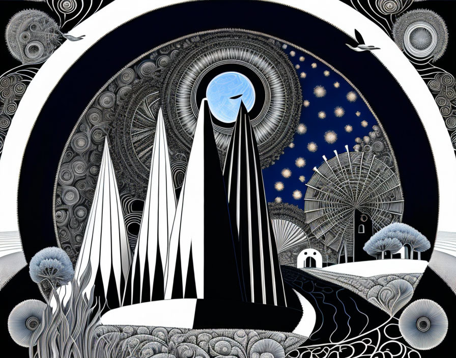 Surreal black and white artwork: stylized figures, celestial bodies, intricate patterns.