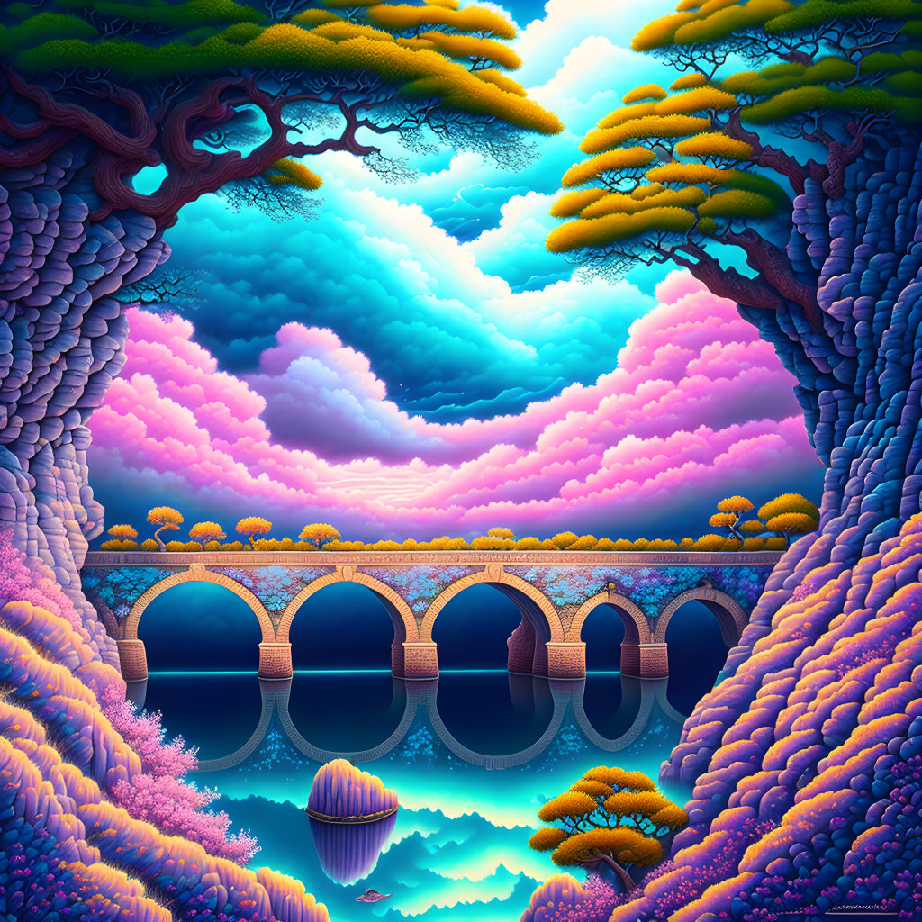 Colorful Digital Artwork: Stylized Natural Landscape with Stone Bridge