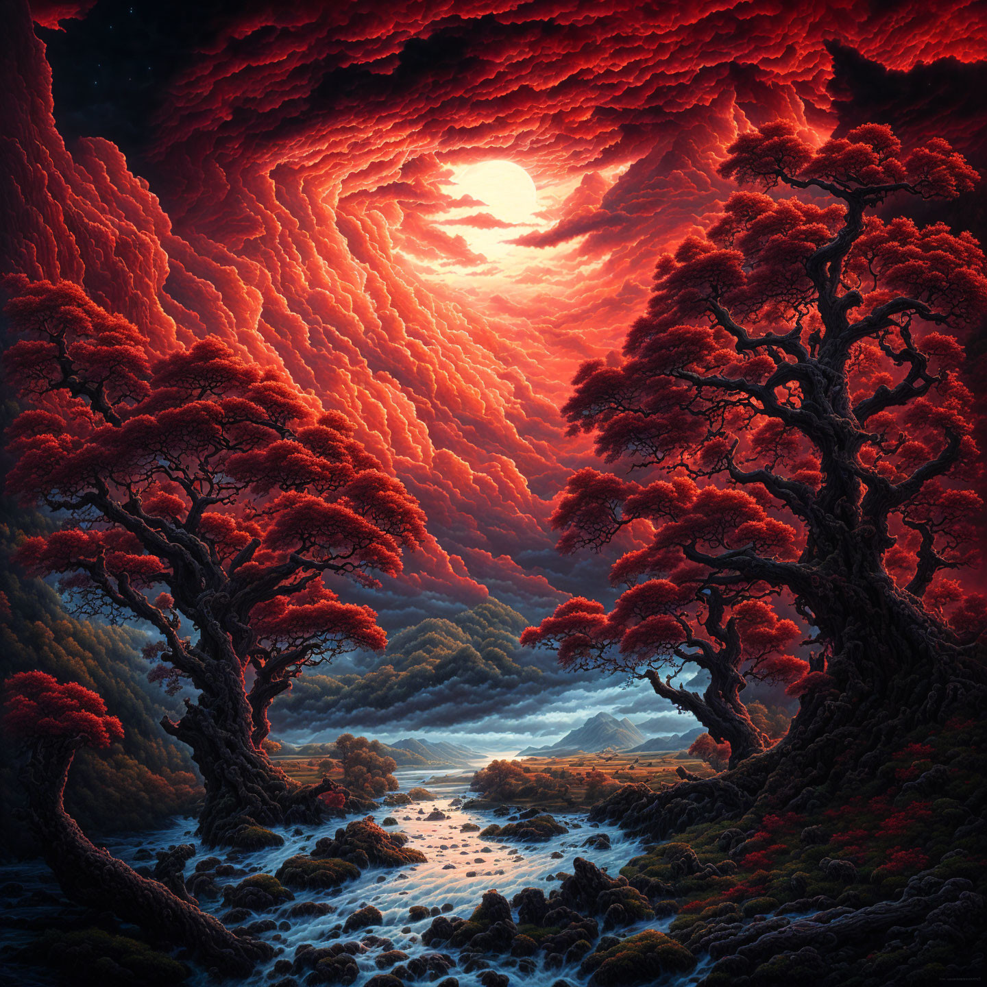 Fiery red clouds, glowing sun, crimson foliage, twisted trees in vivid landscape.