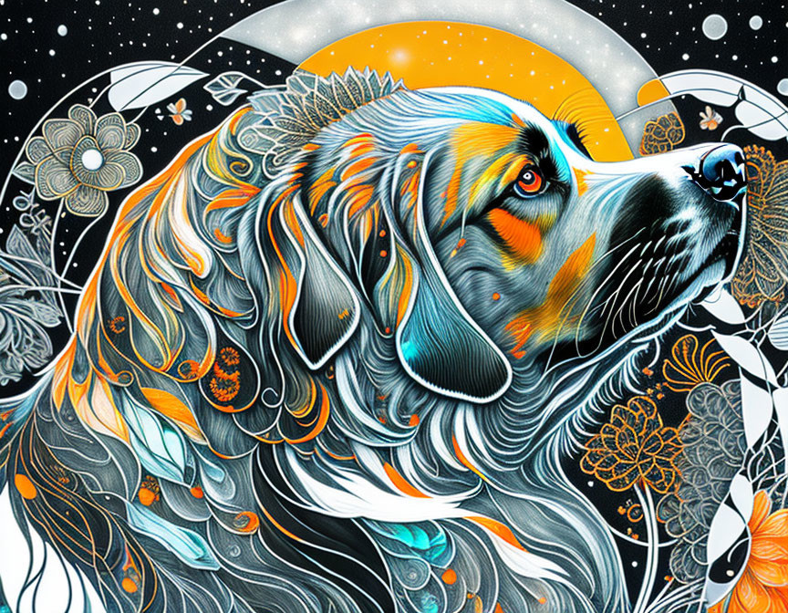 Colorful Dog Illustration with Cosmic Elements and Floral Motifs