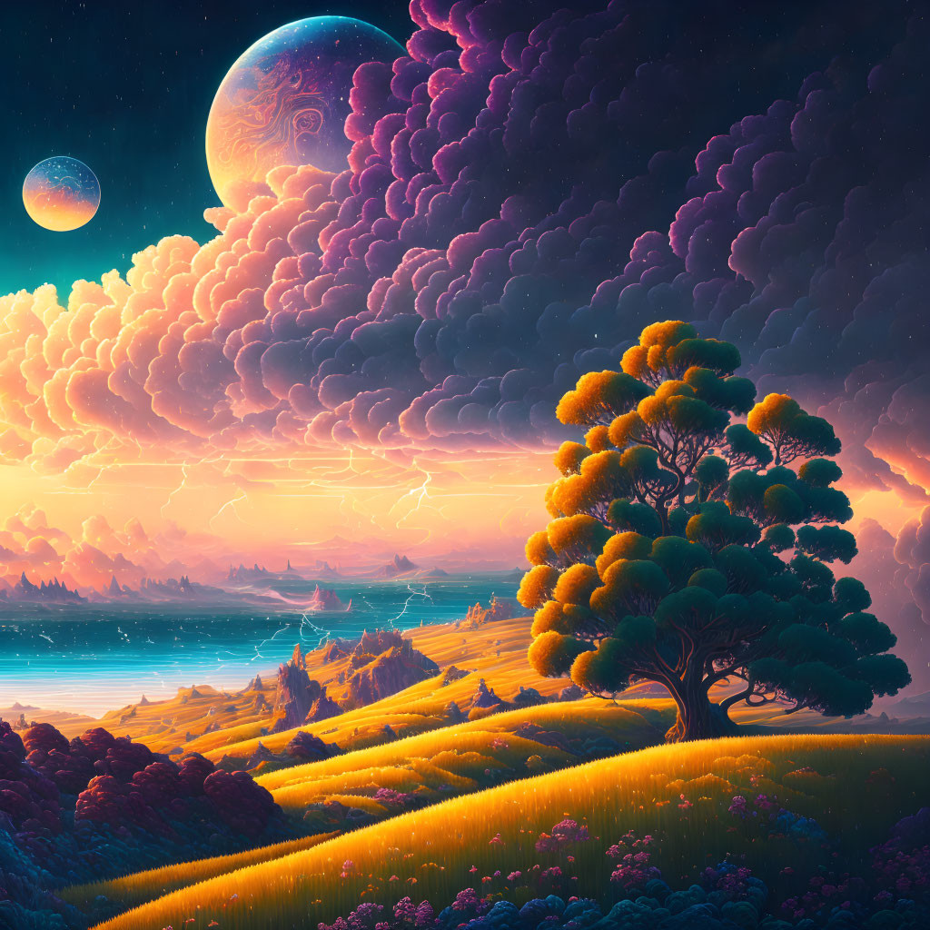 Lush tree, rolling hills, lightning, moons in purple sky