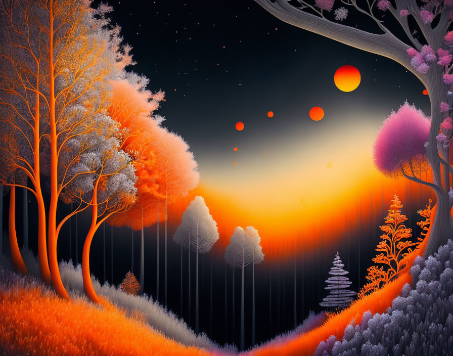 Colorful Trees in Surreal Starry Landscape with Multiple Moons