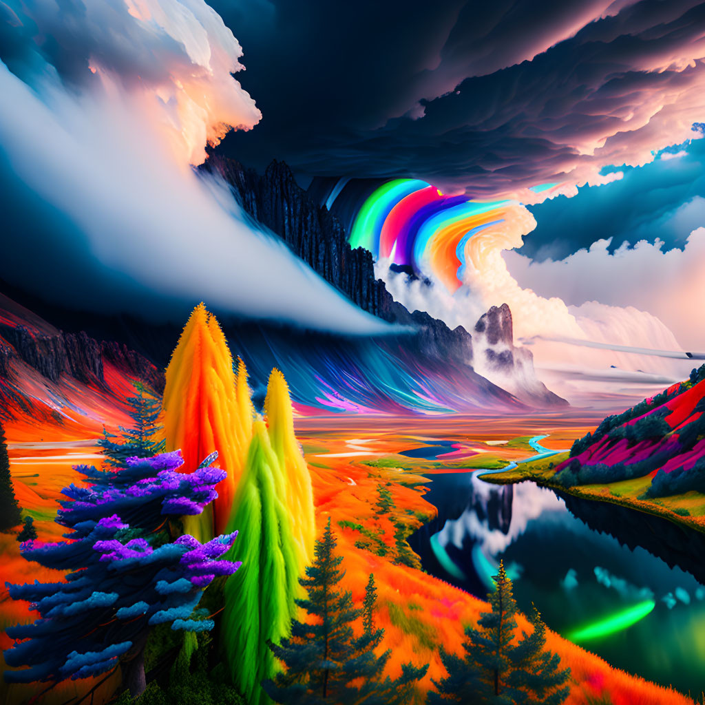 Colorful surreal landscape with swirling sky, mountains, lake, and vibrant trees