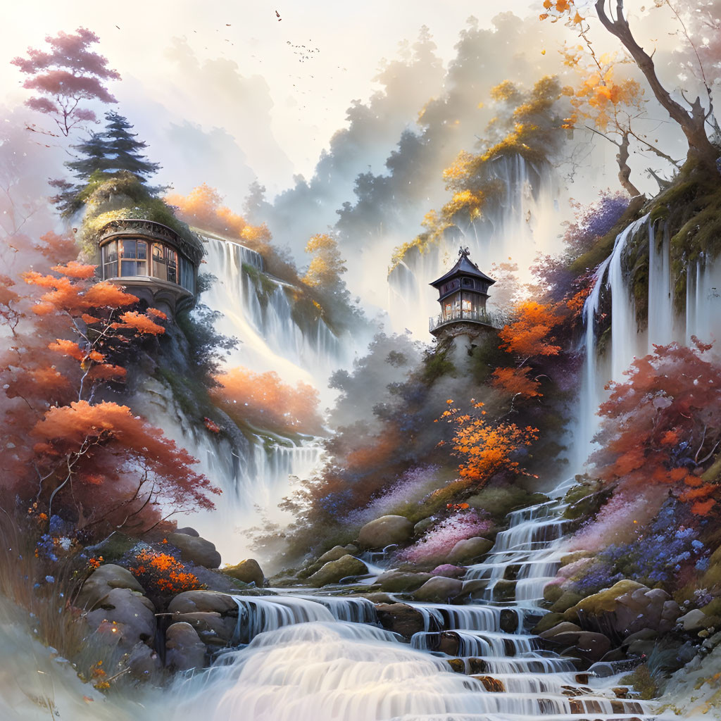 Autumn Waterfall Landscape with Traditional Houses and Colorful Foliage