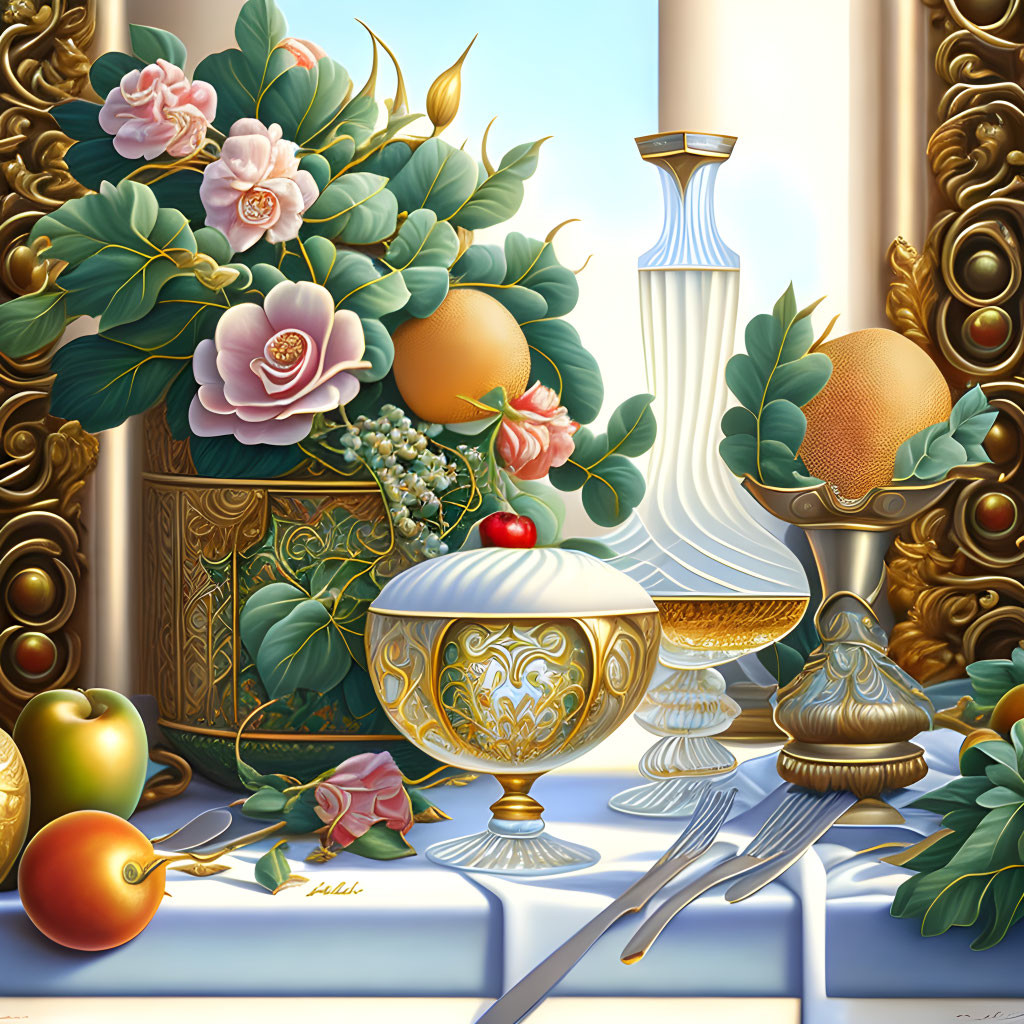 Ornate bowls, candlestick, fruits, flowers, and cutlery in a still life