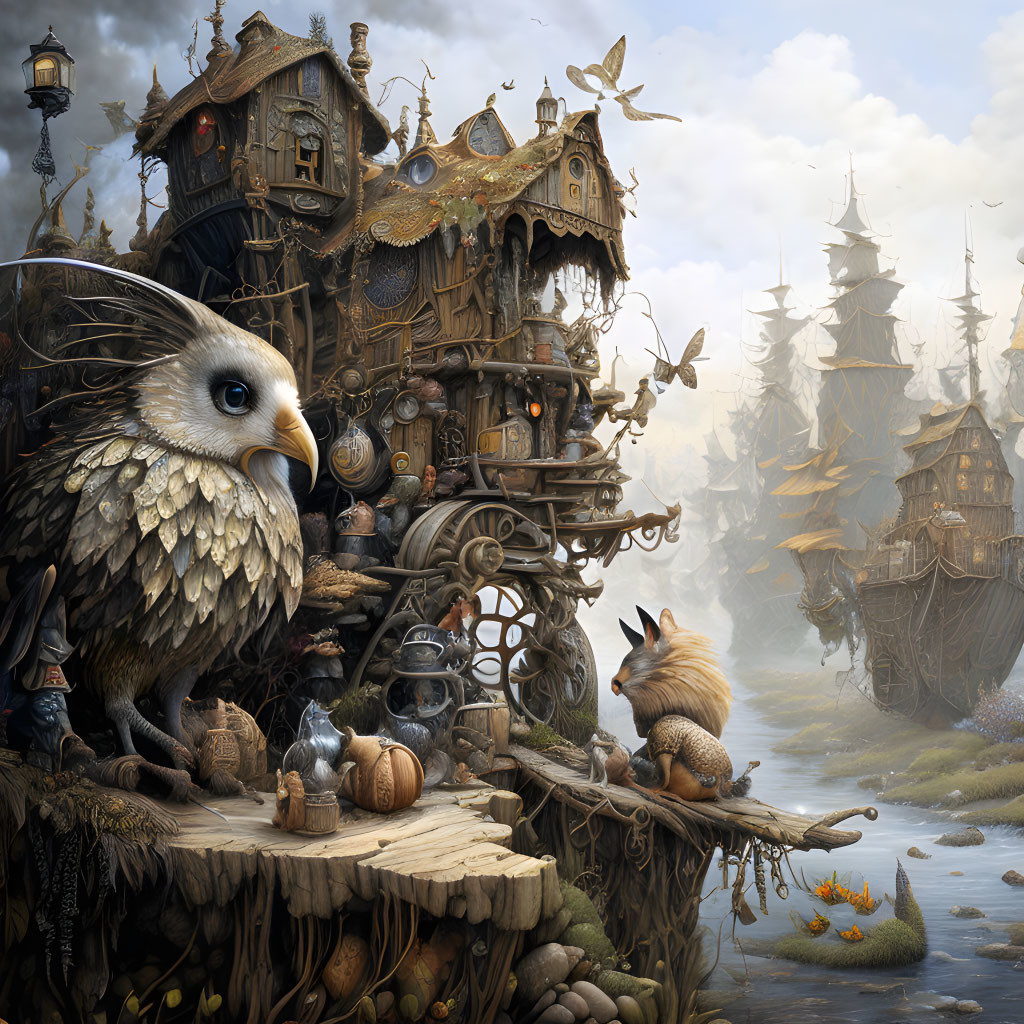 Fantasy landscape with owl, squirrel, wooden houses in misty forest