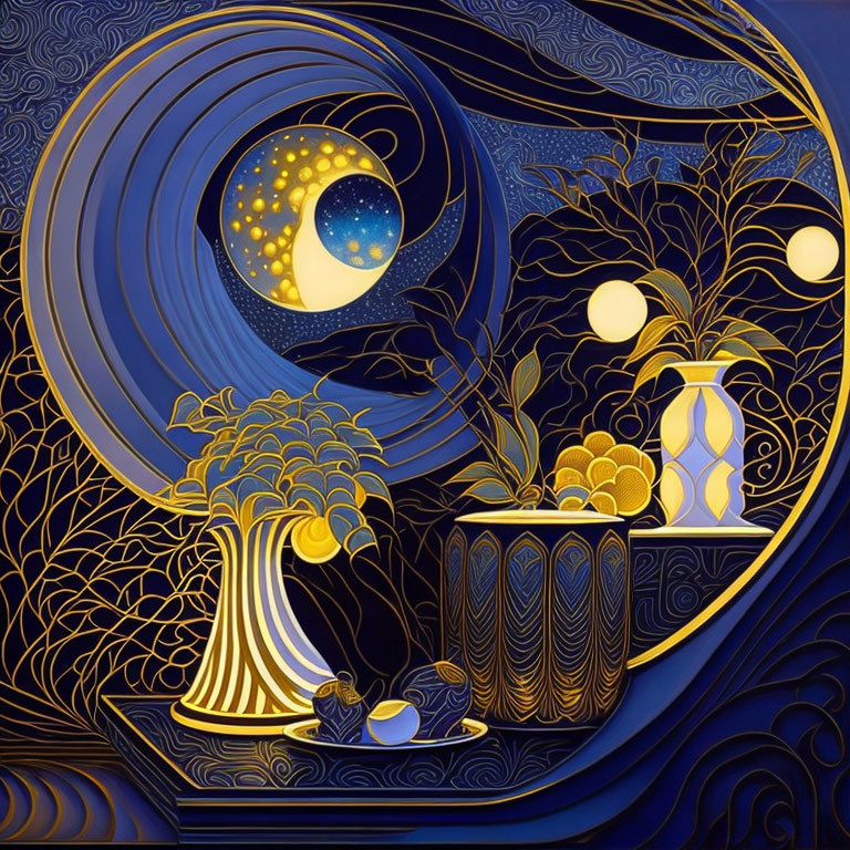 Swirling Blue Patterns Still Life Painting with Golden Tree and Celestial Elements