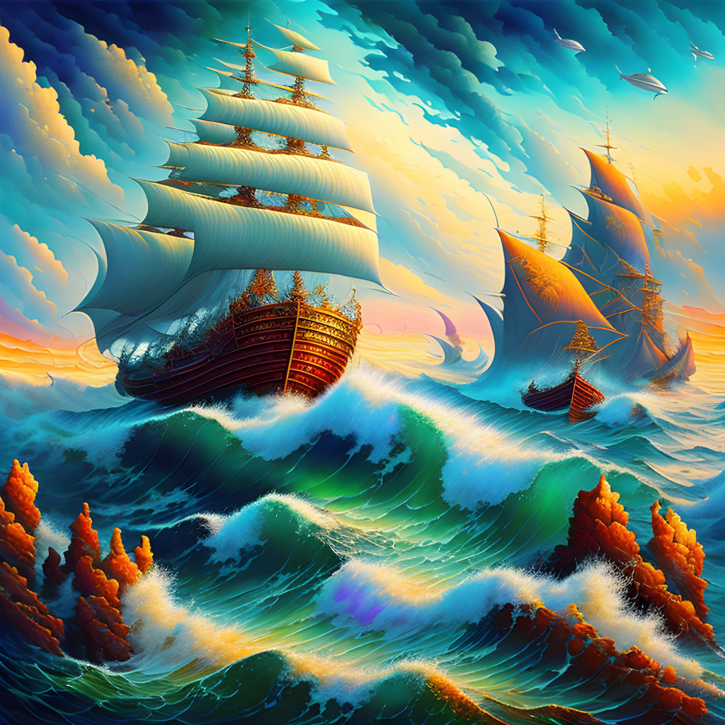 Sailing ships with billowing sails on choppy seas under dynamic sky.