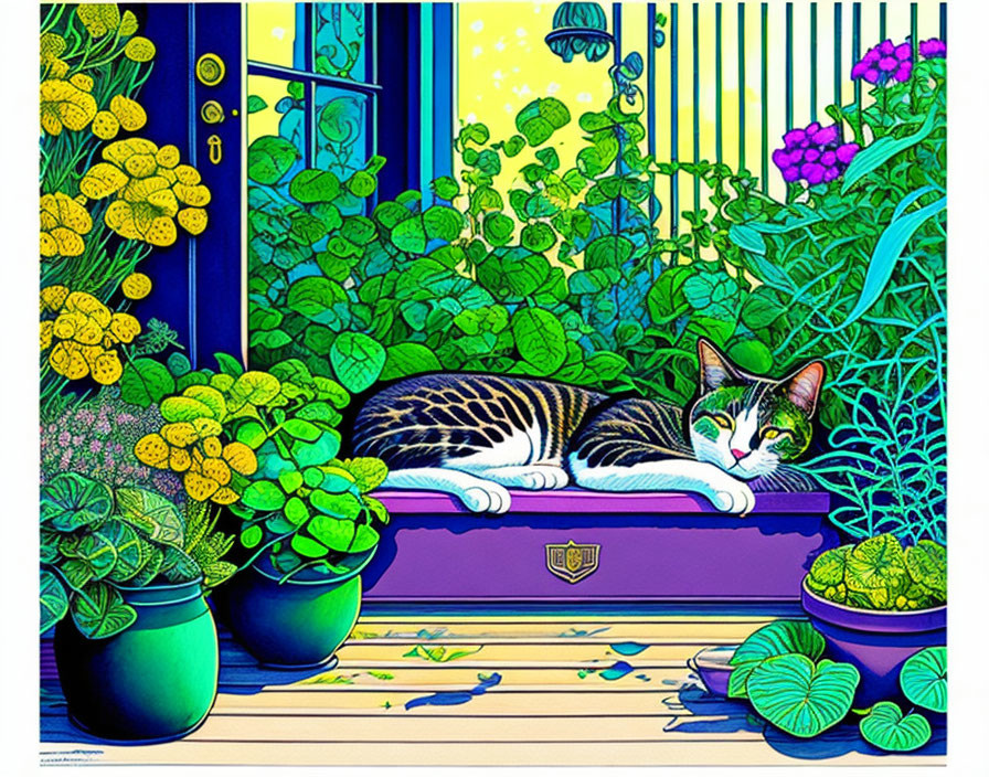 Vibrant cat illustration on windowsill with plants under starry sky