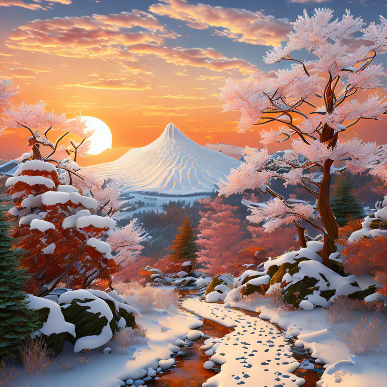 Snow-capped mountain landscape at sunset with stream and snowy trees